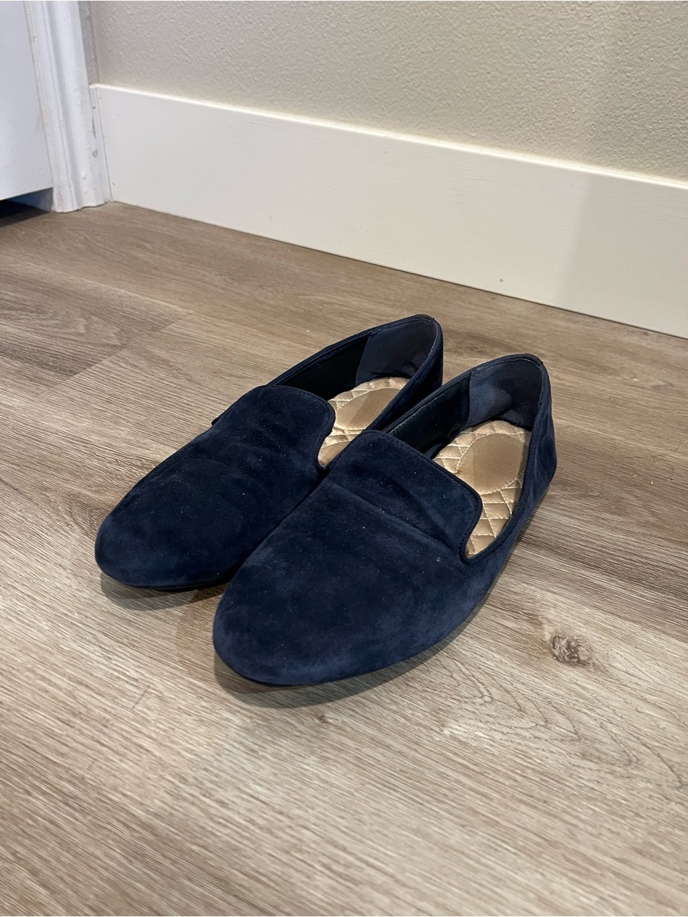 Birdies Navy Suede Quilted-Insole Slip-Ons